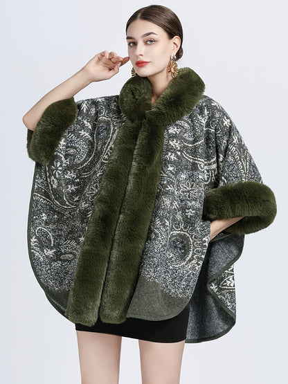 Damen Cape mit Kapuze und Kunstpelzbesatz - Musterbedruckt, Mehrfarbig
