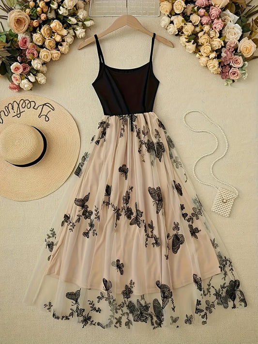 Damen Midi Kleid mit Schmetterlingsstickerei und Spaghettiträgern – Elegantes Festkleid für besondere Anlässe