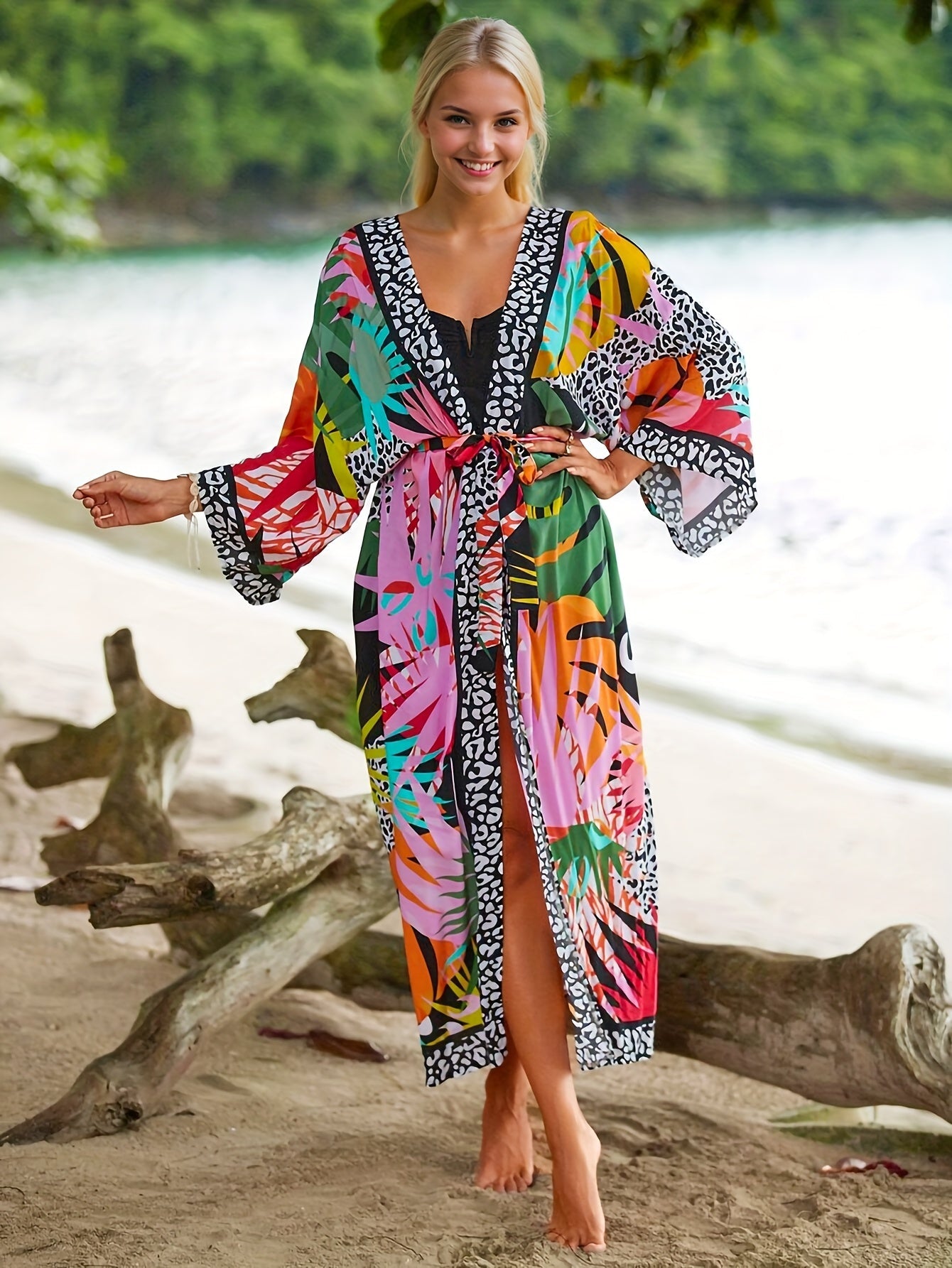 Damen Kimono Strandkleid – Langer, gemusterter Überwurf für Urlaub und Resort
