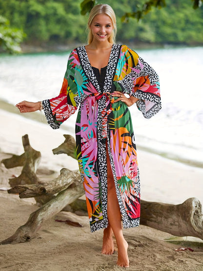 Damen Kimono Strandkleid – Langer, gemusterter Überwurf für Urlaub und Resort