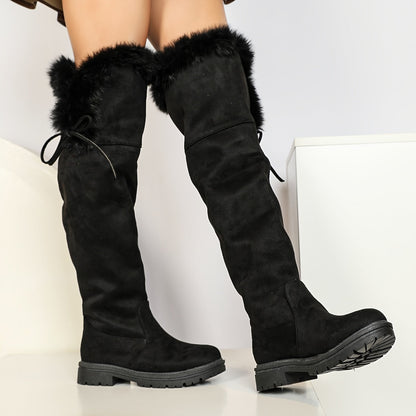 Damen Overknees Stiefel Schwarz mit Plüschbesatz Schnürung Blockabsatz