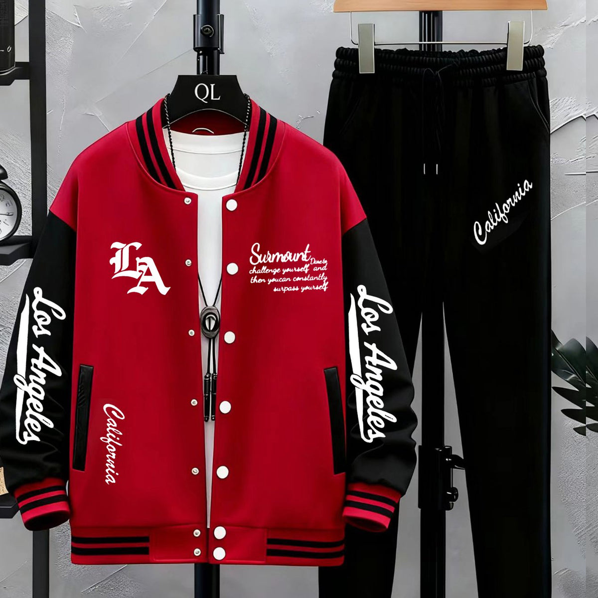 Baseballjacke und Trainingshose Set für Herren - Sportanzug mit "Los Angeles" Schriftzug