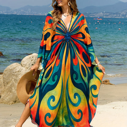 Damen Kaftan Maxi Strandkleid mit Batikmuster – Boho Überwurf für Urlaub & Strand
