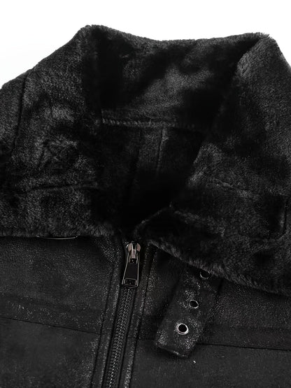 Herren Jacke mit Kunstfellkragen und Reißverschluss – Pilotenstil, Braun/Schwarz