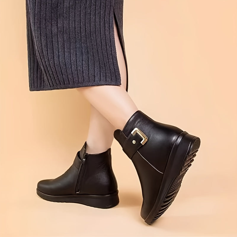 Damen Winter Stiefeletten Schwarz Warm Gefüttert Reißverschluss Schnalle