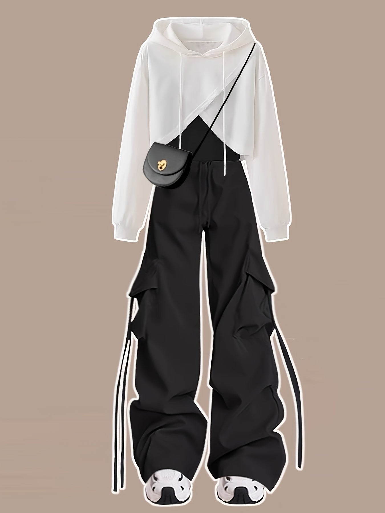 Damen Hoodie Crop Top Set Weiß Schwarz mit Cargo Hose und Kordelzug