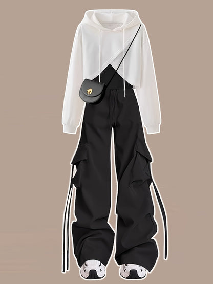 Damen Hoodie Crop Top Set Weiß Schwarz mit Cargo Hose und Kordelzug
