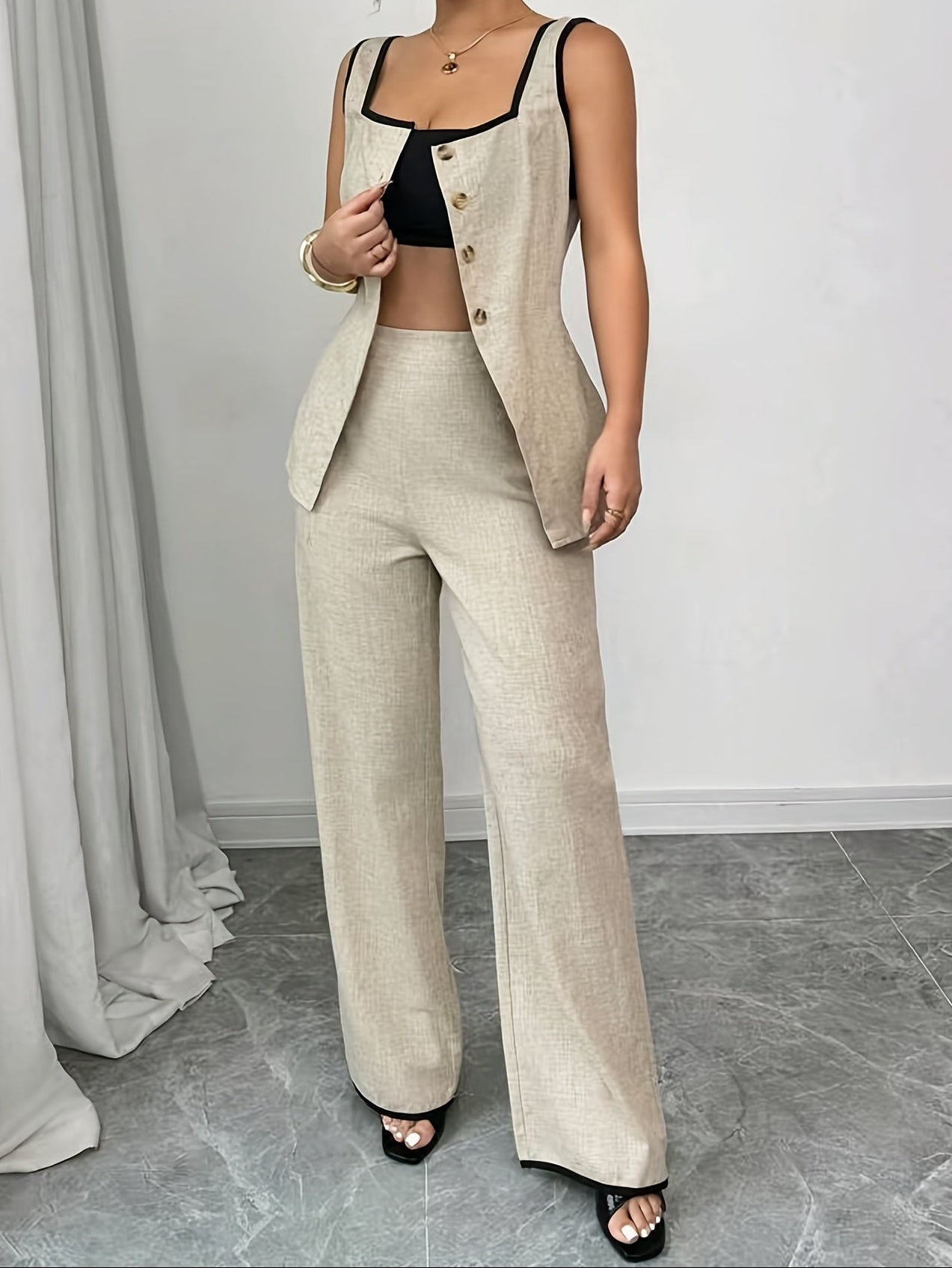 Damen Eleganter Zweiteiler Hosenanzug mit Knopfleiste und Schößchen für Büro & Alltag