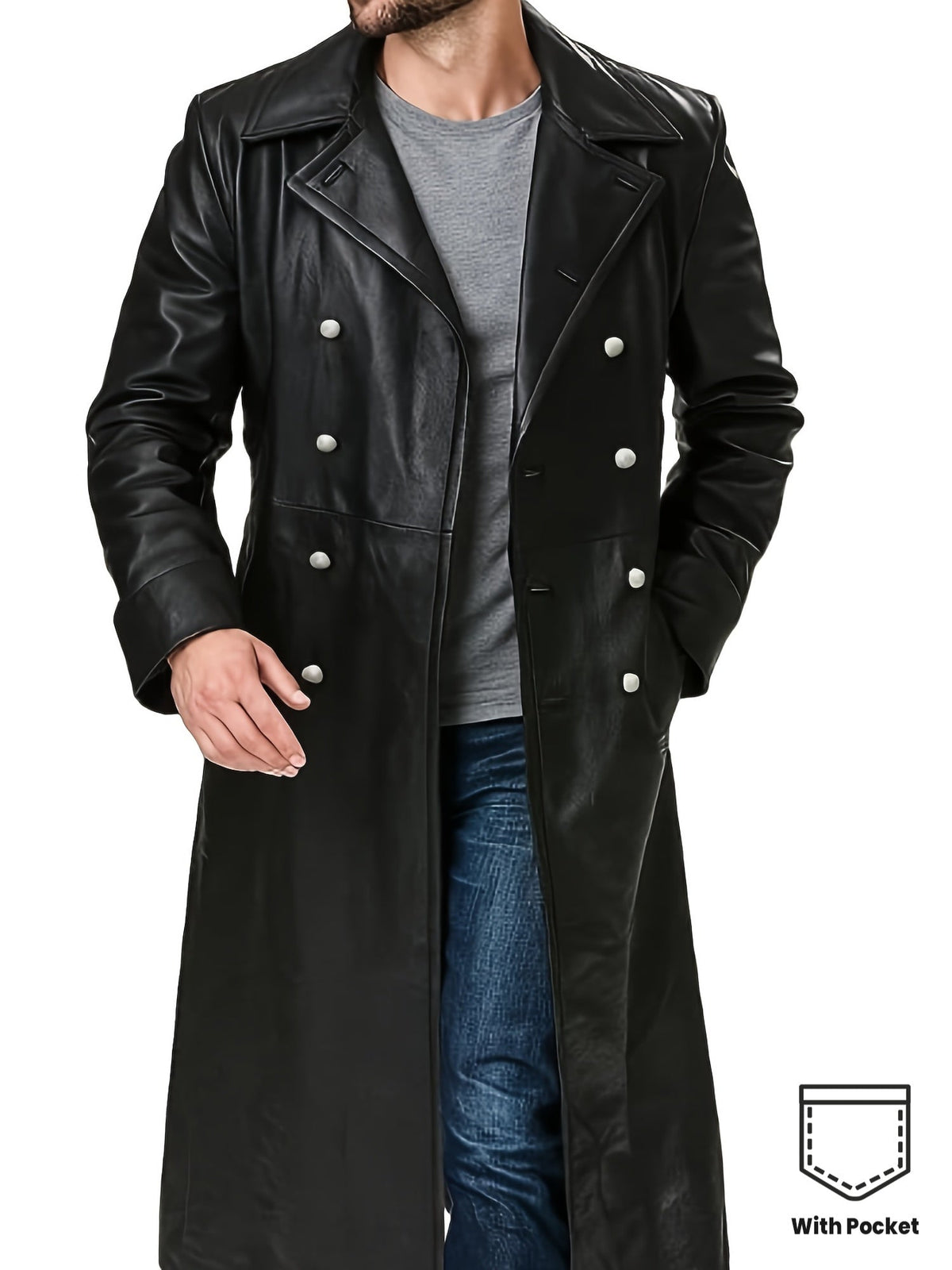 Herren Doppelreiher Mantel Schwarz Lang Elegant