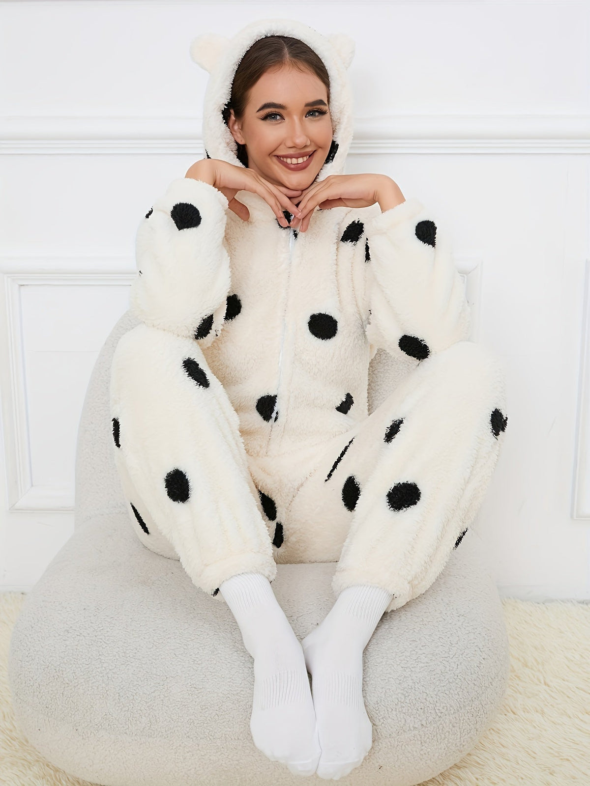 Damen Flauschiger Teddybär-Overall mit Kapuze und Reißverschluss