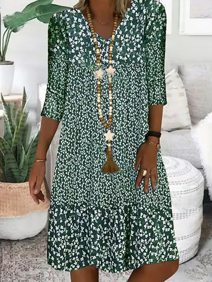 Damen Boho Blumenkleid mit 3/4-Ärmeln – Luftig & Bequem für Alltag und Urlaub