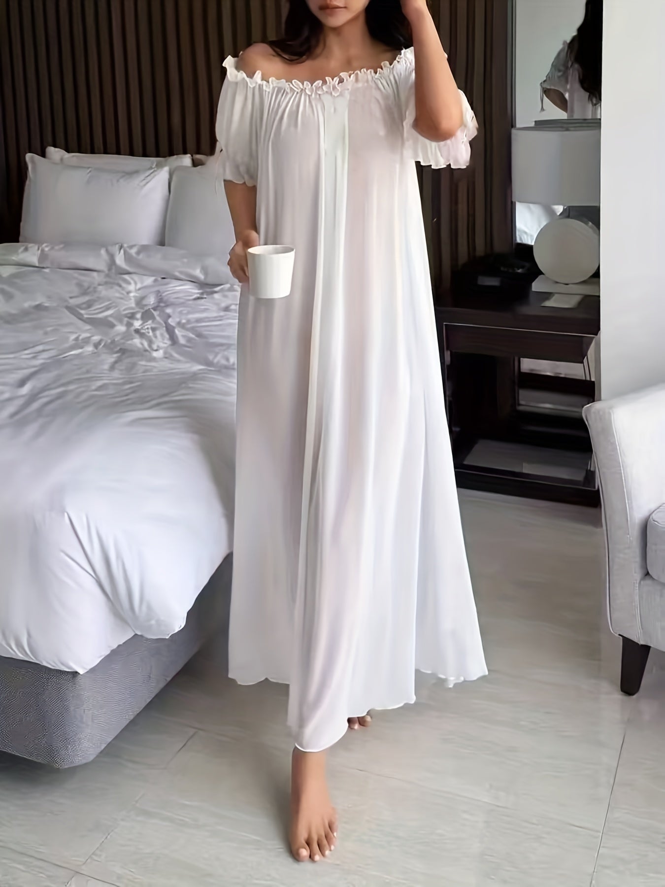 Damen Off-Shoulder Maxikleid Nachtkleid Elegant für Zuhause und Schlafen