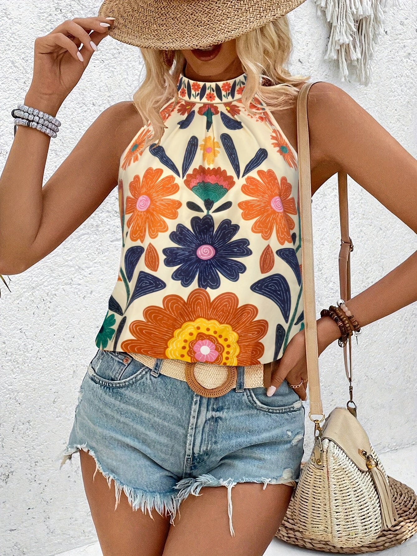 Damen Sommer Top mit Blumenmuster im Boho-Stil, ärmellos, perfekt für Freizeit und Urlaub