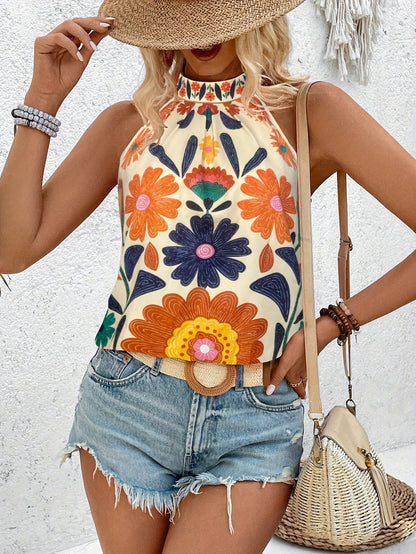 Damen Sommer Top mit Blumenmuster im Boho-Stil, ärmellos, perfekt für Freizeit und Urlaub