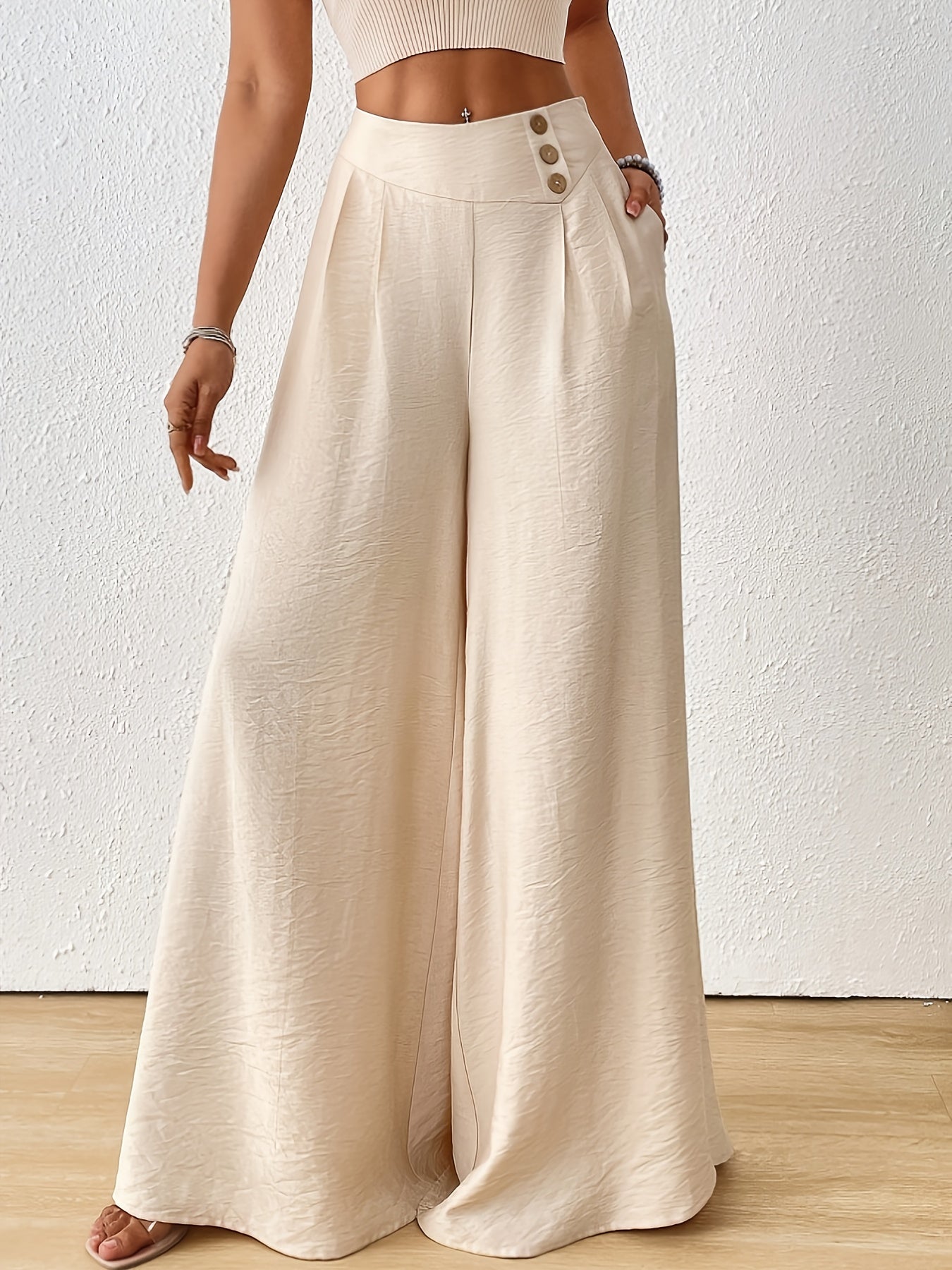 Damen Weit geschnittene High-Waist Palazzo Hose mit eleganten Falten und Knopfdetails – Stilvolle Freizeithose