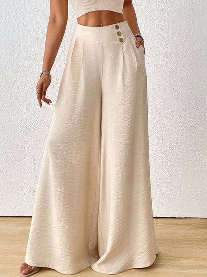 Damen Weit geschnittene High-Waist Palazzo Hose mit eleganten Falten und Knopfdetails – Stilvolle Freizeithose