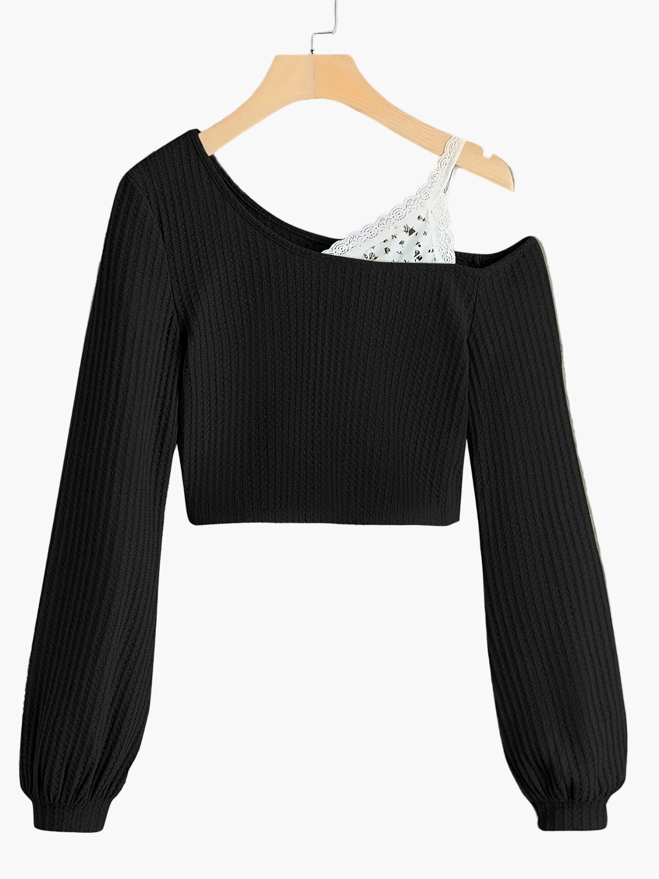Damen Off-Shoulder Strickpullover mit Spitzen-Detail – Modischer Cropped Sweater für Alltag und Freizeit