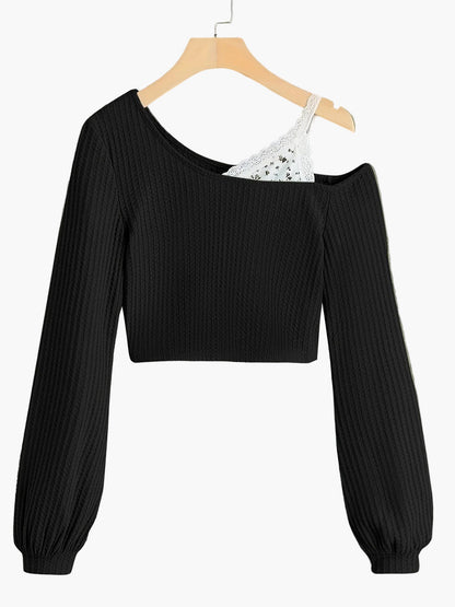 Damen Off-Shoulder Strickpullover mit Spitzen-Detail – Modischer Cropped Sweater für Alltag und Freizeit