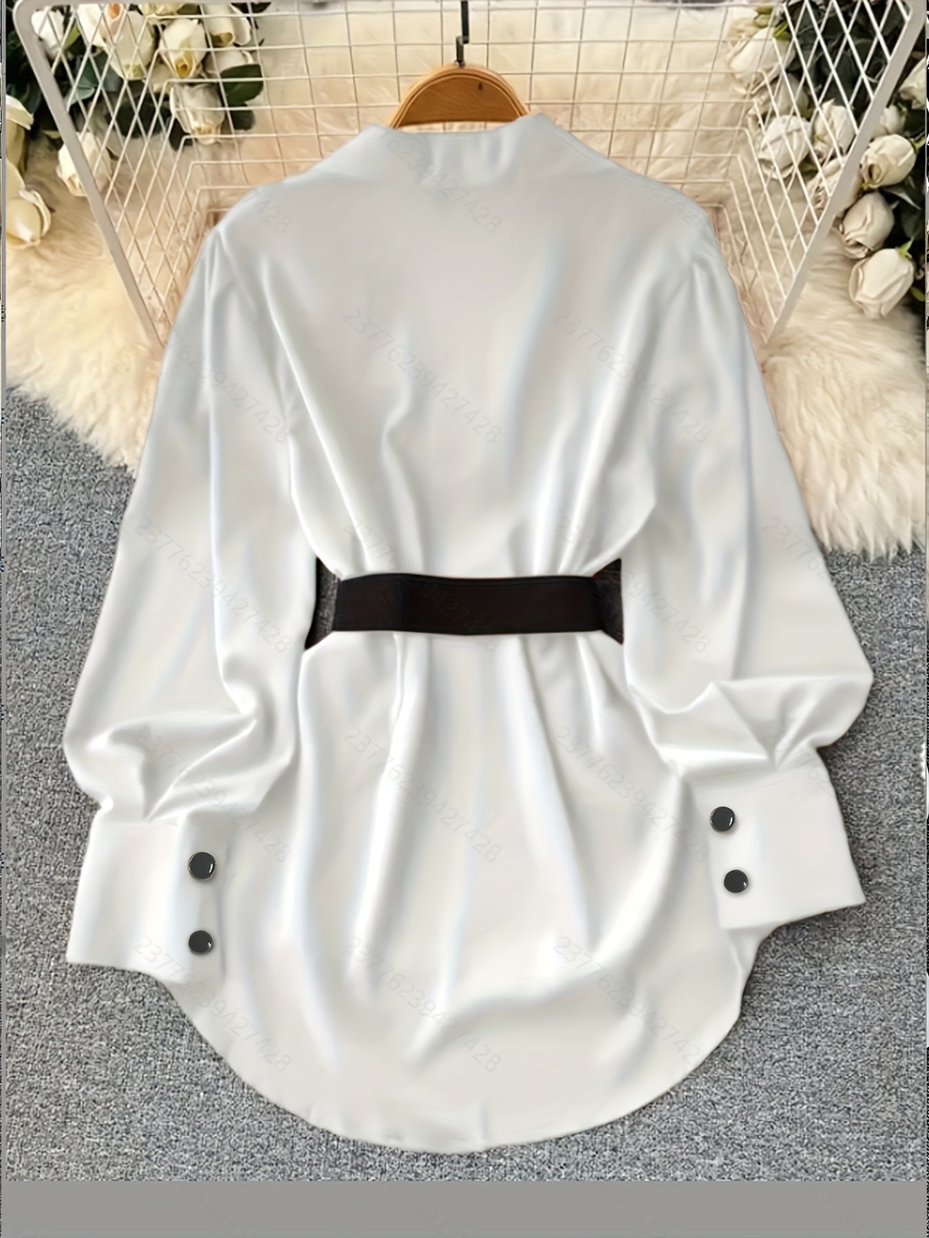 Damen Hemdbluse Langarm Weiß Glänzend mit Kragen und Gürtel