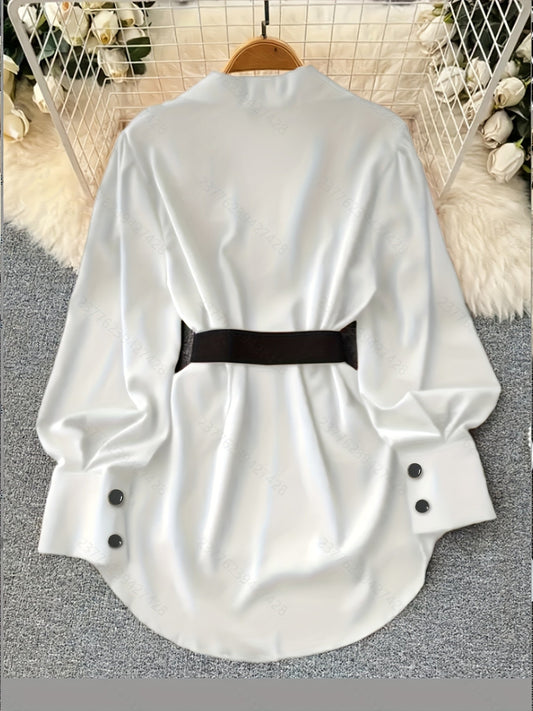 Damen Hemdbluse Langarm Weiß Glänzend mit Kragen und Gürtel