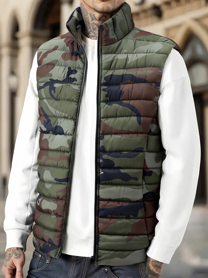 Unisex Steppweste Camouflage, Olivgrün/Braun/Schwarz, Ärmellos, Reißverschluss
