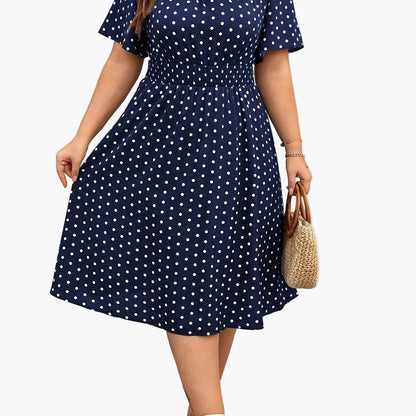 Damen Polka Dot Kleid Elegant Sommer Freizeit Midi Fit & Flare