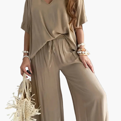 Damen Eleganter Jumpsuit mit weitem Bein und V-Ausschnitt – Perfekt für Freizeit und Partys