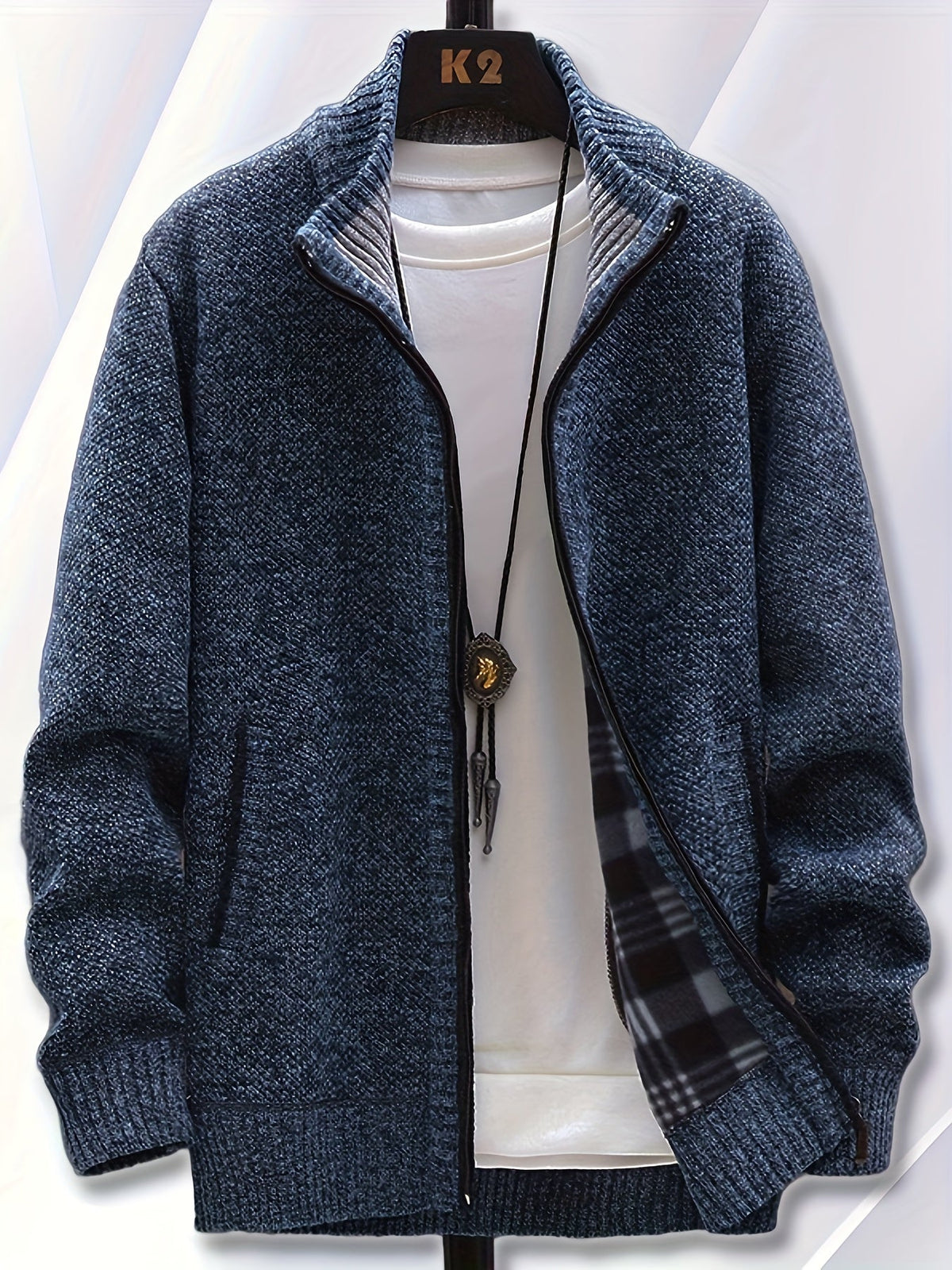 Herren Strickjacke mit Reißverschluss Stehkragen und Taschen meliert