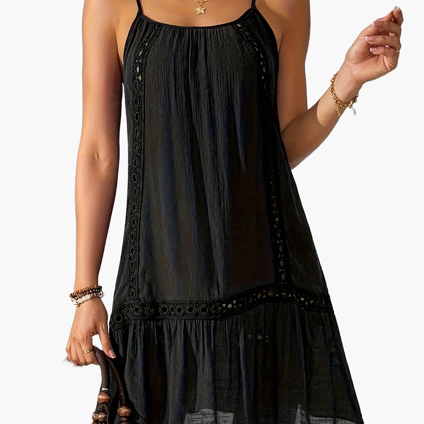 Damen Sommer Strandkleid mit Spitzen-Details und Spaghettiträgern – Lässiges Kleid für Urlaub & Freizeit