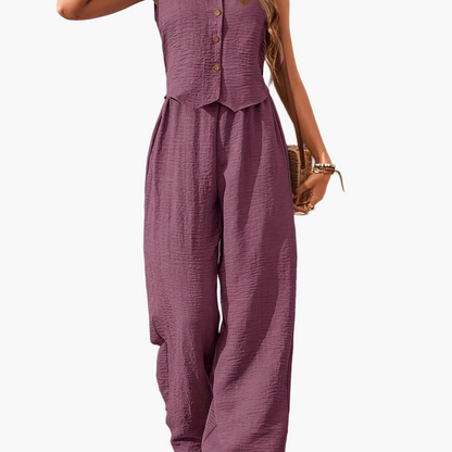 Damen Zweiteiler Jumpsuit mit Weste und Knopfleiste – Eleganter Sommeranzug für Alltag und Urlaub