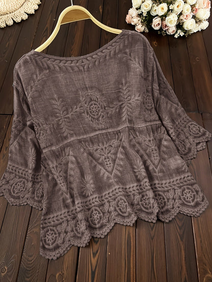 Damen Bluse mit Stickerei und V-Ausschnitt, 3/4-Ärmel, Knopfleiste