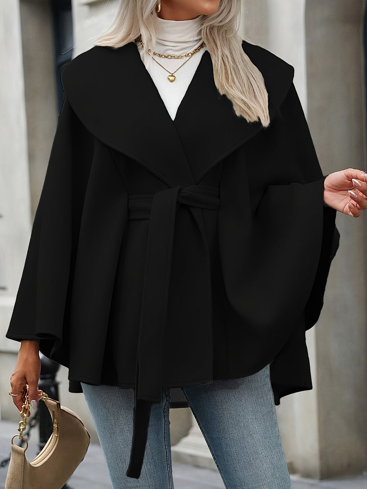 Damen Cape Mantel mit Gürtel und breitem Reverskragen