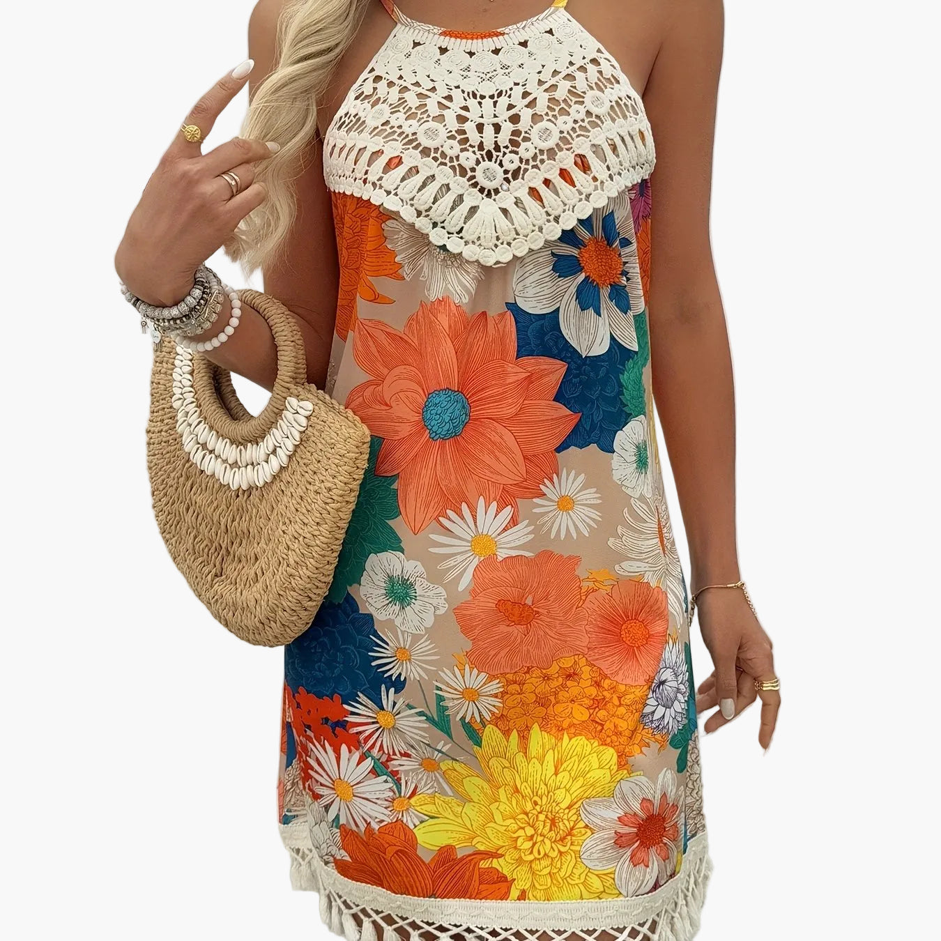 Damen Sommer Tunika Kleid im Boho-Stil mit Häkelspitze – Elegante Freizeitmode