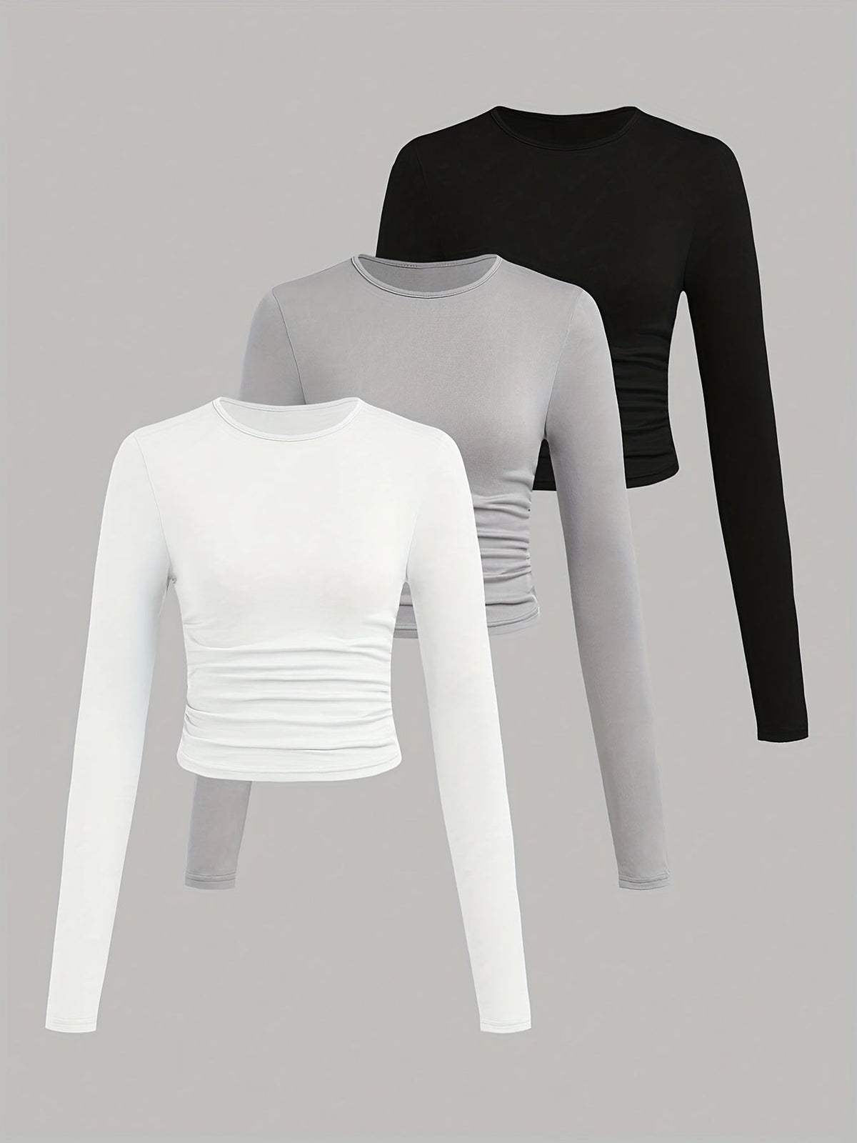 Damen Langarmshirt 3er Pack Rundhals Crop Top geraffte Seiten Schwarz Grau Weiß