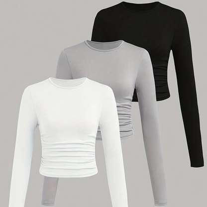 Damen Langarmshirt 3er Pack Rundhals Crop Top geraffte Seiten Schwarz Grau Weiß