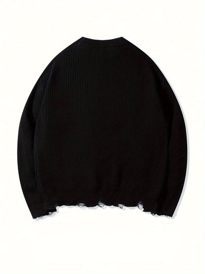 Unisex Strickpullover mit Kreuzstich-Details und Used-Look, Rundhals