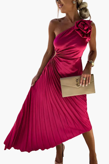 Damen One-Shoulder Plissee Cocktailkleid mit Blumenapplikation – Elegantes Abend- & Partykleid