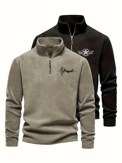 Herren Fleece Pullover Set mit Stehkragen und Reißverschluss, Khaki und Schwarz