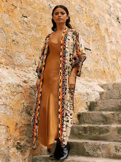 Damen Kimono Lang Boho Stil mit Ethno-Muster – Eleganter Überwurf für Strand, Zuhause & Freizeit
