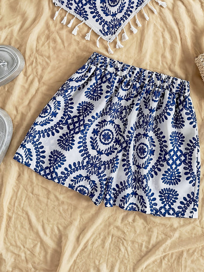 Damen Zweiteiliges Set Bandeau Top und Shorts mit Boho Muster – Perfekt für Strand und Freizeit