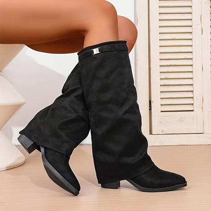 Damen Schlupfstiefel Wildleder-Optik Braun Kniehoch mit Blockabsatz