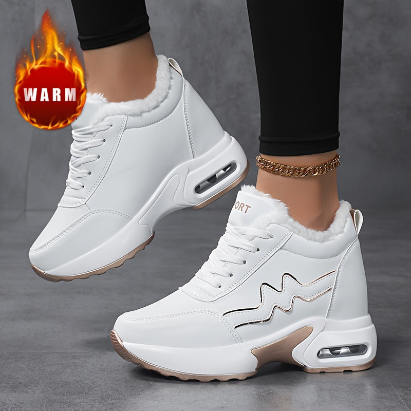 Damen Warme Plateau Sneaker Weiß mit Futter und Goldakzenten