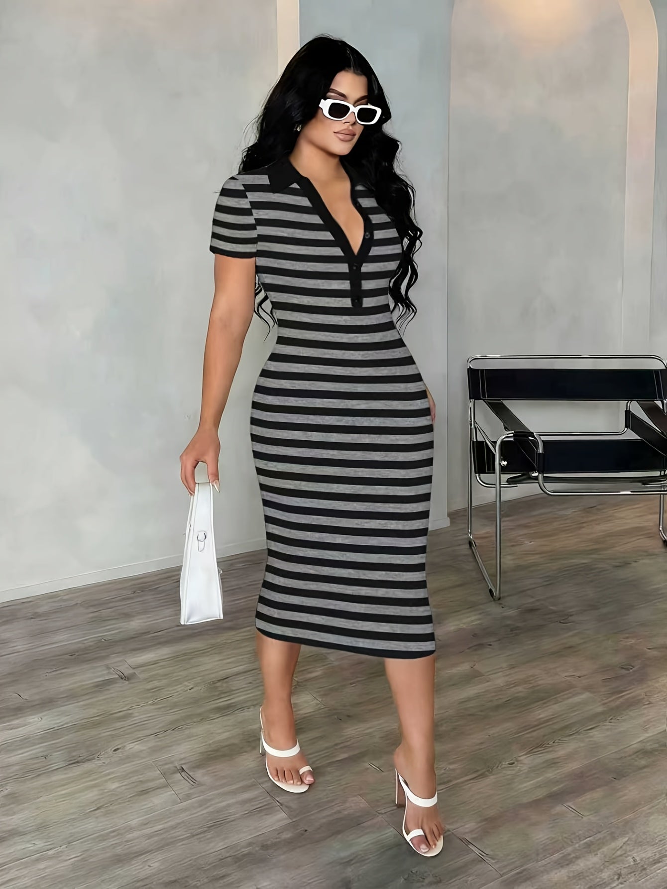 Damen Bodycon Polo-Stil Midi-Kleid mit Streifen – Elegantes Freizeitkleid für Stadt und Anlass