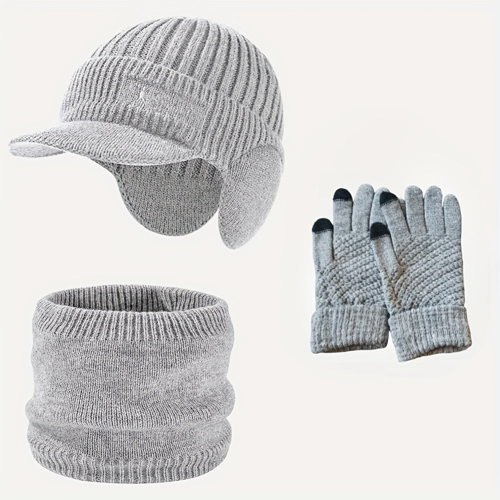 Winter Mütze Schal Handschuhe Set, Strickmütze mit Ohrenklappen, Nackenwärmer & Touchscreen-Handschuhe