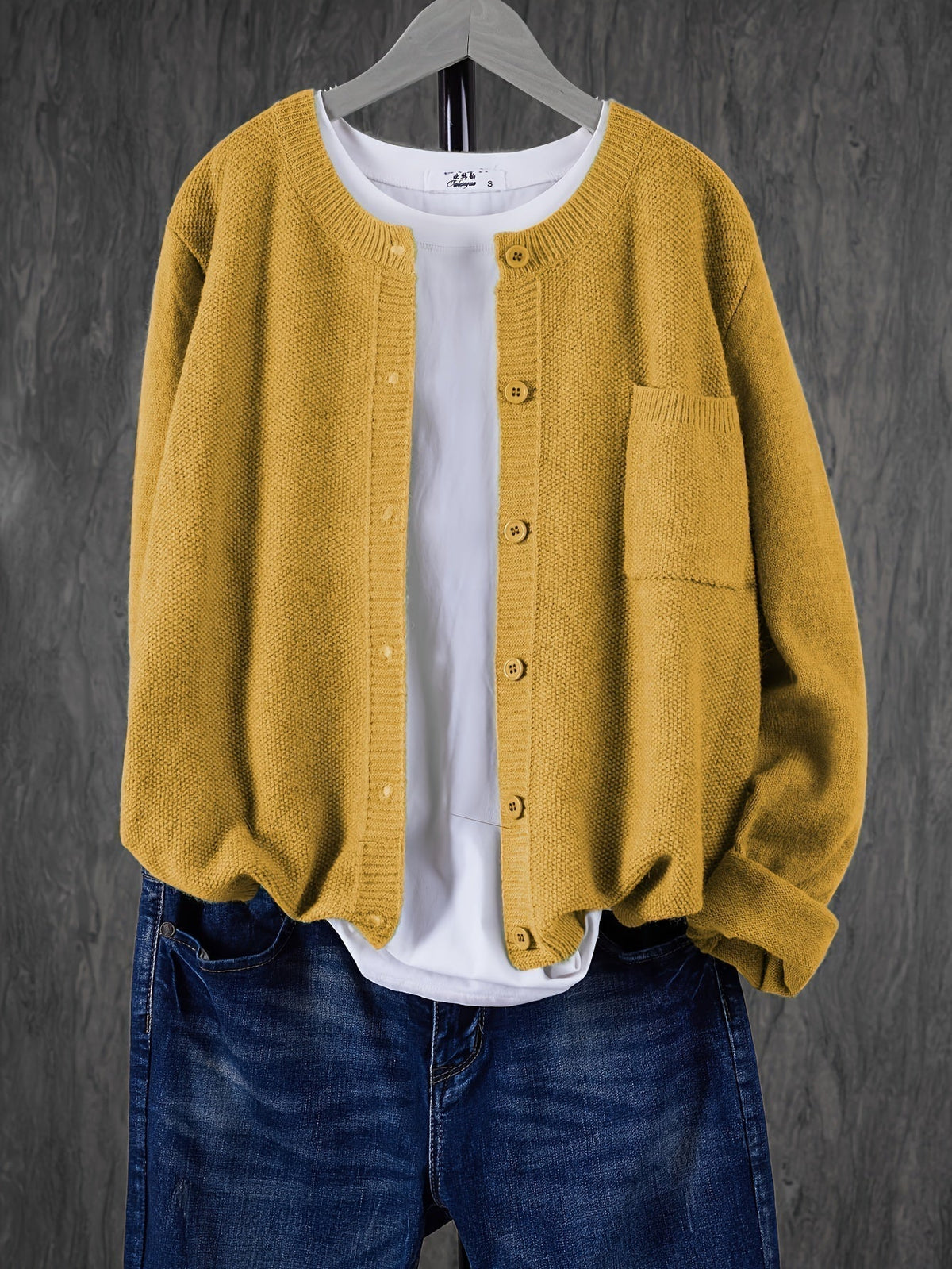 Damen Strick Cardigan Rundhals Langarm Strickjacke mit Knöpfen und Brusttasche