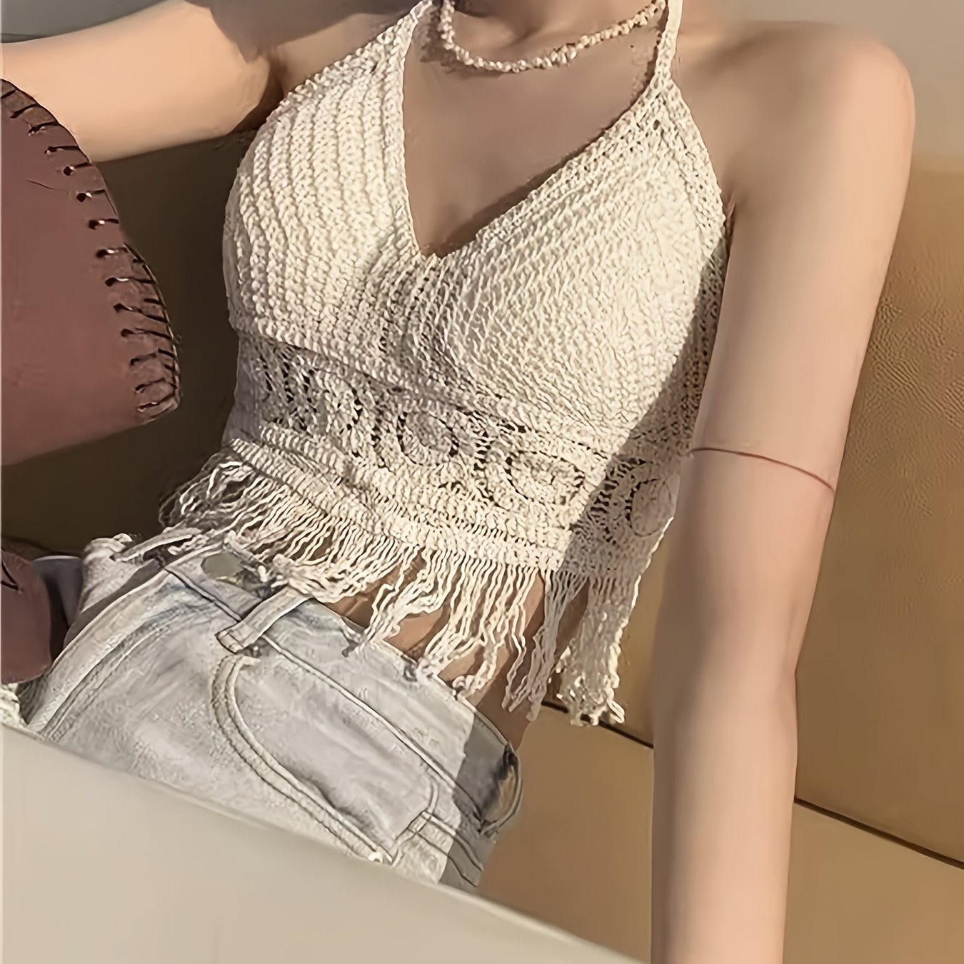 Damen Boho Häkel-Haltertop mit Fransen – Sommer Festival Oberteil