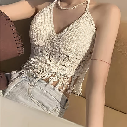 Damen Boho Häkel-Haltertop mit Fransen – Sommer Festival Oberteil