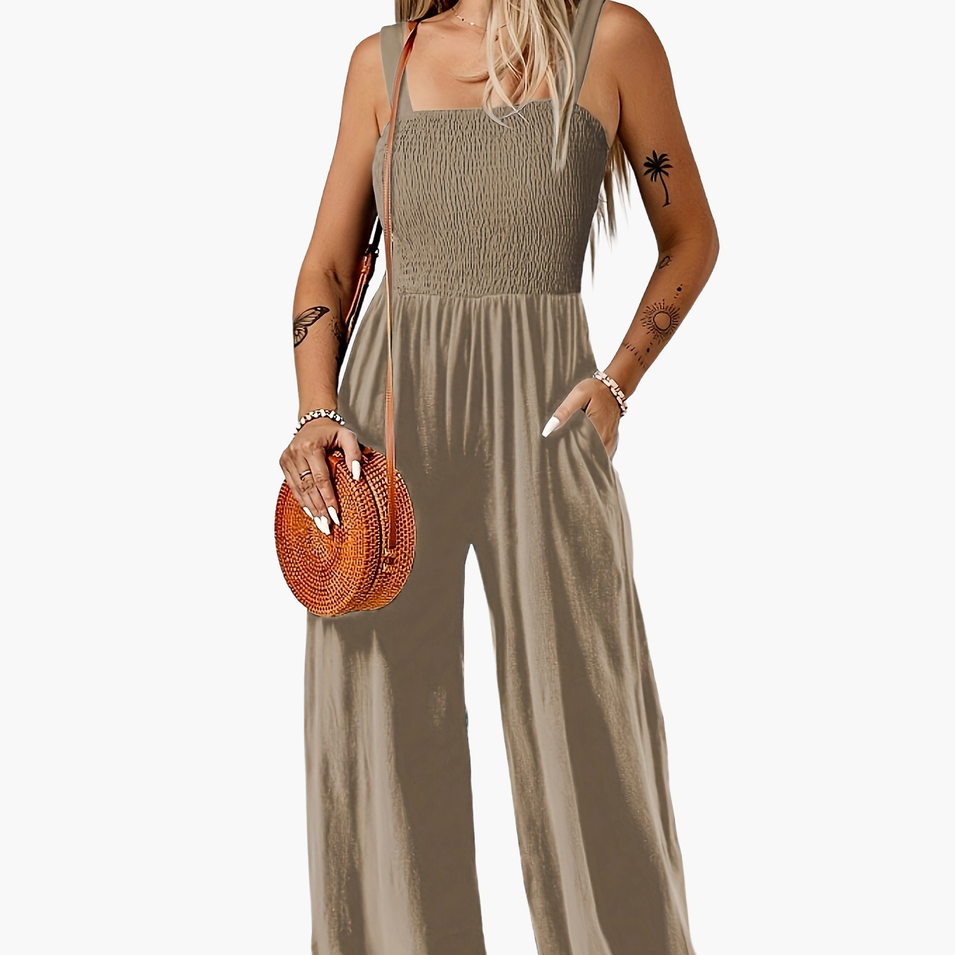 Damen Jumpsuit Elegant mit weitem Bein und Smok-Top – Perfekt für Sommer und Freizeit
