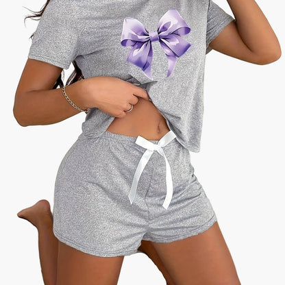 Damen Pyjama Set mit Schleifen-Print – Kurzarm Shirt & Shorts, Modernes Lounge- & Schlafanzug-Design