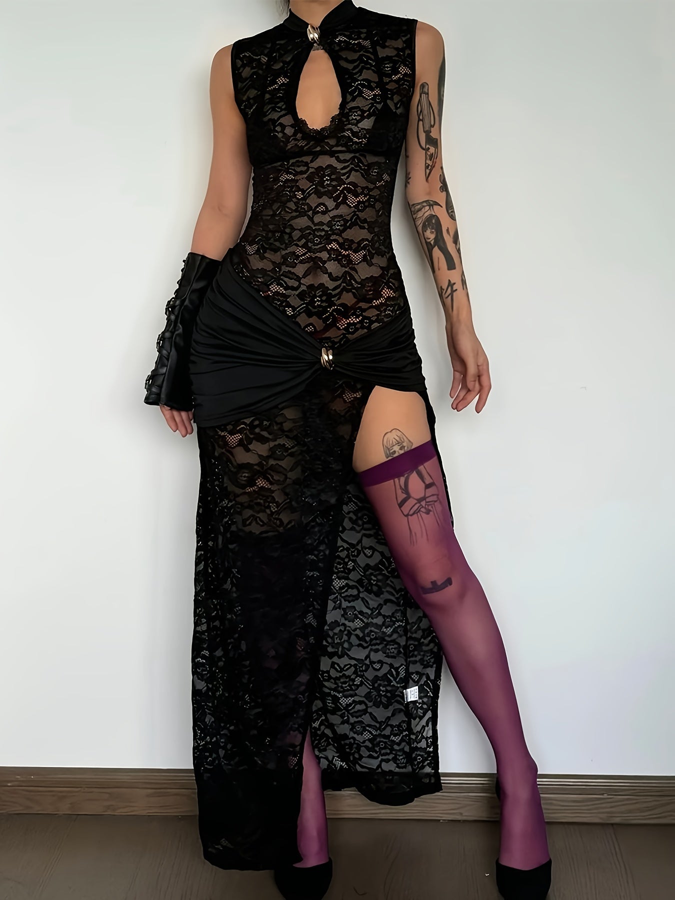 Damen Abendkleid Maxi Elegant mit Spitze und hohem Schlitz, Party & Gala